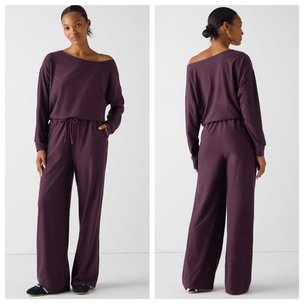 Fabletics Go-To One-Piece Jumpsuit Plum Purple Wide Leg Drawstring Size L NWT